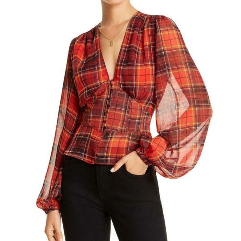 LINI Taylor Red Plaid Balloon-Sleeve Plaid Blouse Size XS NWT